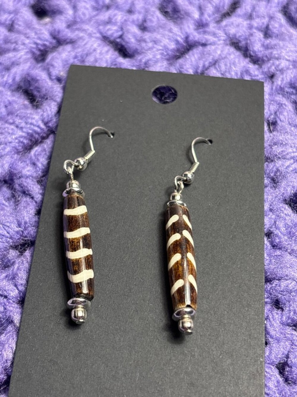 Glass Bead Dangle Earrings Brown Beige Silvertone Hooks 1.5 inches